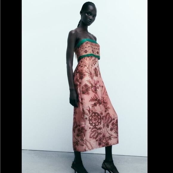 ZARA PRINTED STRAPLESS MIDI DRESS - BRAND NEW WITH TAG. Size XS true to size - Picture 5 of 7